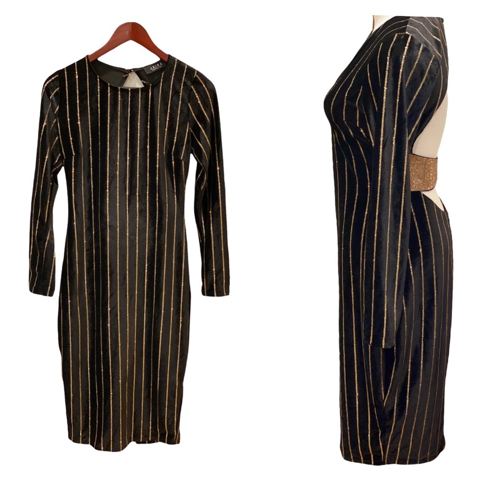 Akira Black Velvet Gold Stripe Glitter Dress Open Back Sequin Long Sleeve L